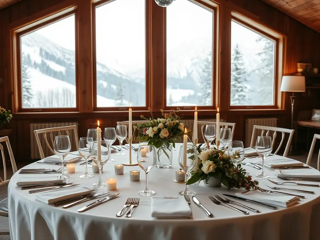 Table élégante avec lanternes et arrangements floraux dans un paysage rustique et enneigé, idéale pour des événements sociaux détendus et de bon goût dans un cadre confiant.