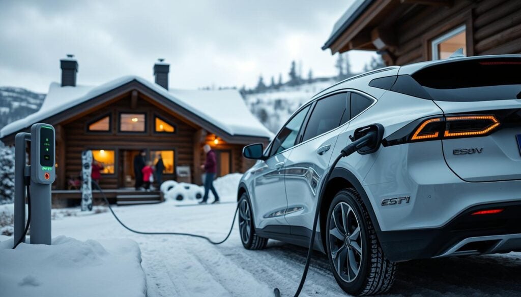 Elbil som laddas vid fjällstuga under sportlovet i Sälen med snölandskap