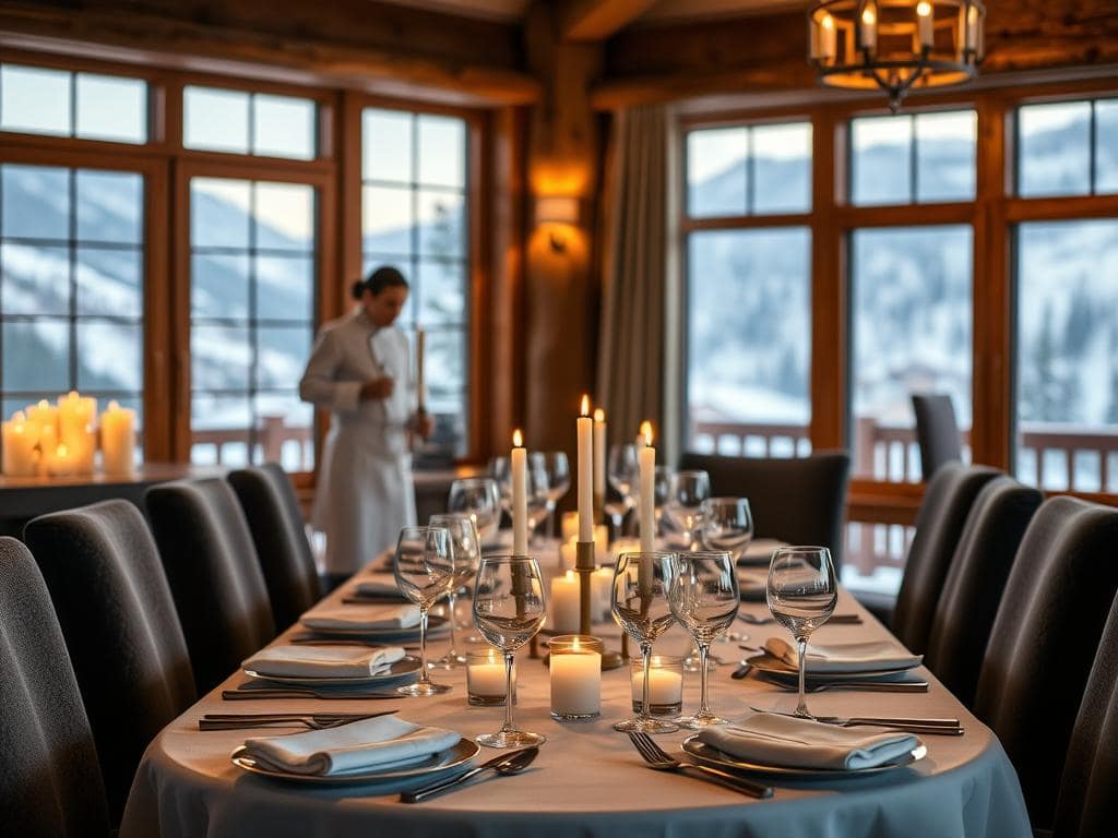Elegant uppdukat bord i fjällstuga med privat kock i bakgrunden