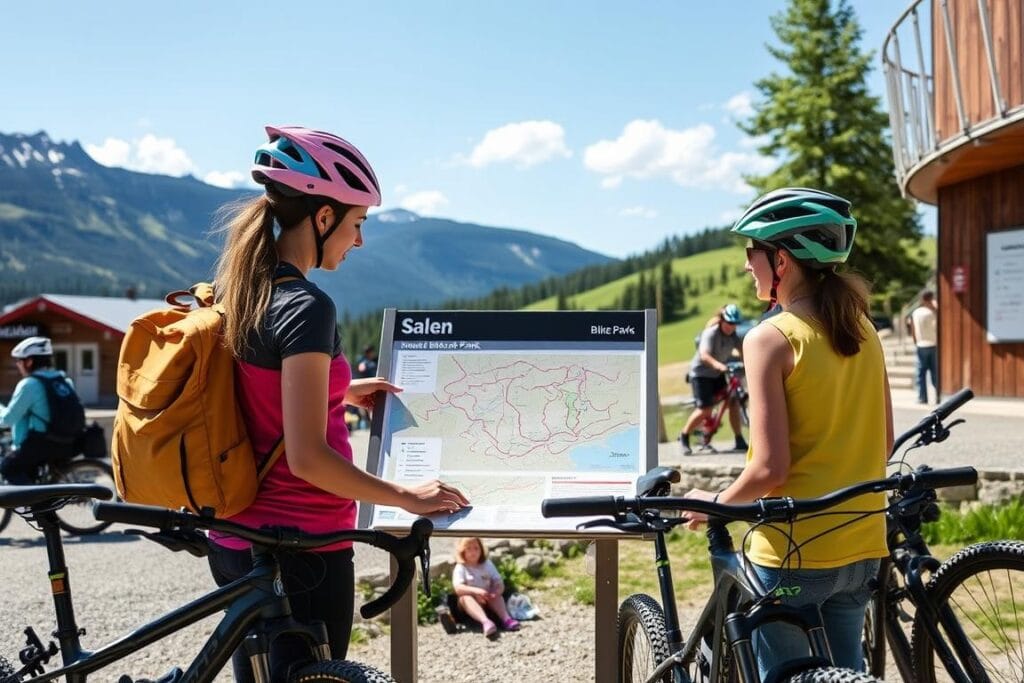 Familj som planerar cykelrutt i cykelpark i Sälen