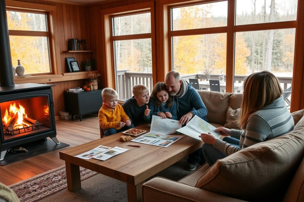 Familj som planerar höstlovsaktiviteter i Sälen vid brasan