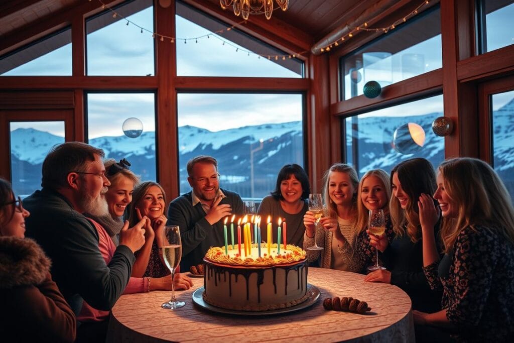 Fête d'anniversaire avec gâteau dans un chalet exclusif à Sälen