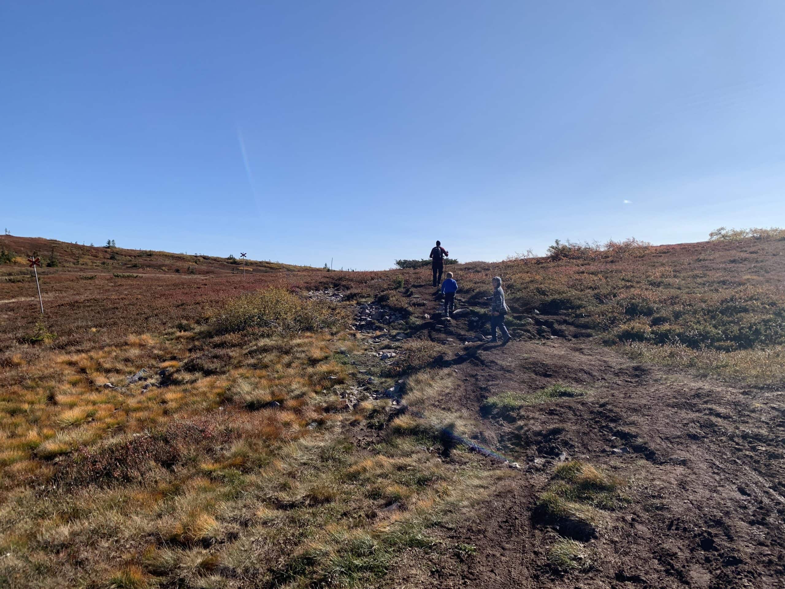 Familj som vandrar uppför en fjällstig i höstfärgad fjällterräng under klarblå himmel.