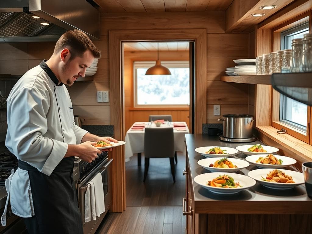 Chef cuisinant un dîner privé dans une cabane de montagne en Sälen