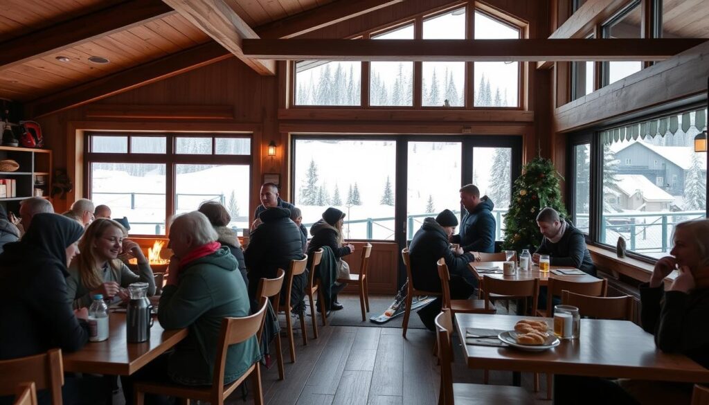 Mysigt fjällcafé i Sälen under sportlovet med gäster som njuter av fika