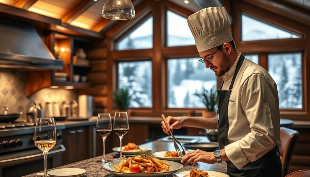 Privat kock i fjällen som lagar middag i en lyxig fjällstuga