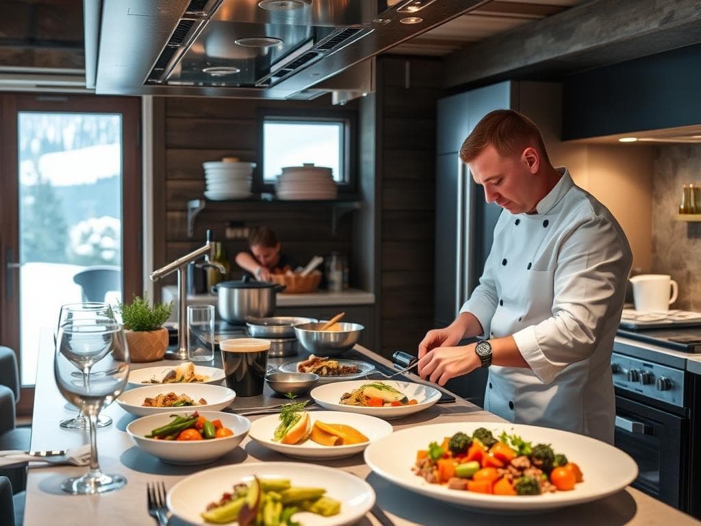 Privat kock tillagar middag i fjällstuga under en lyxig weekend i Sälen