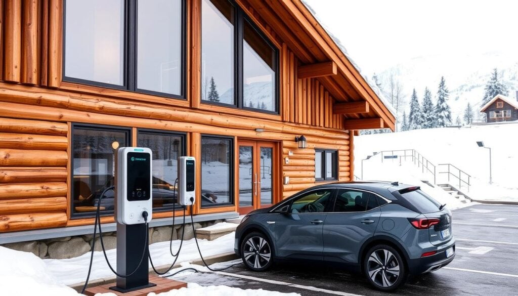 Sälengodset fjällhus med elbilsladdare och lyxig exteriör