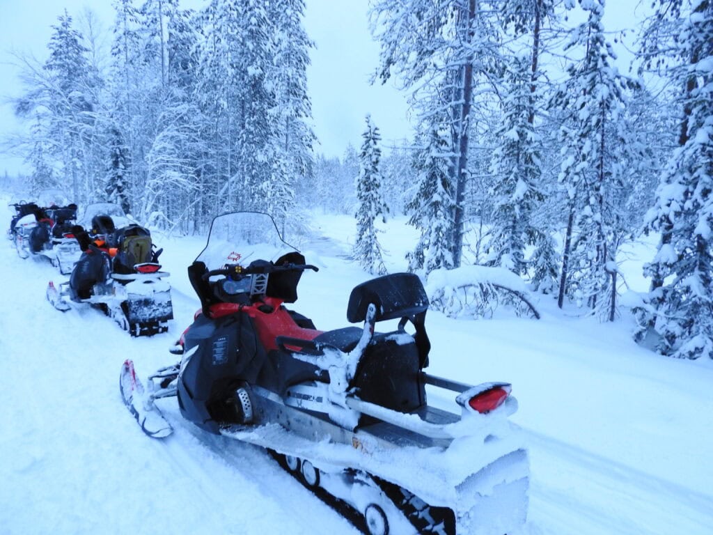 Snöskotrar parkerade i rad i Sälens vinterskog