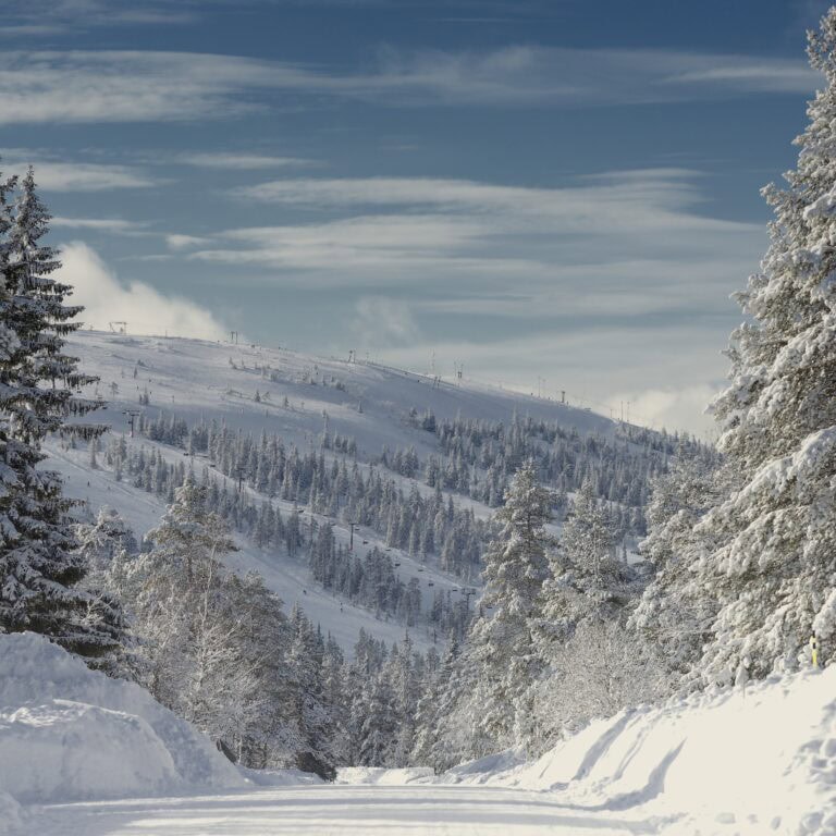 Snöklädda fjäll och skidbackar i Sälen under vintern