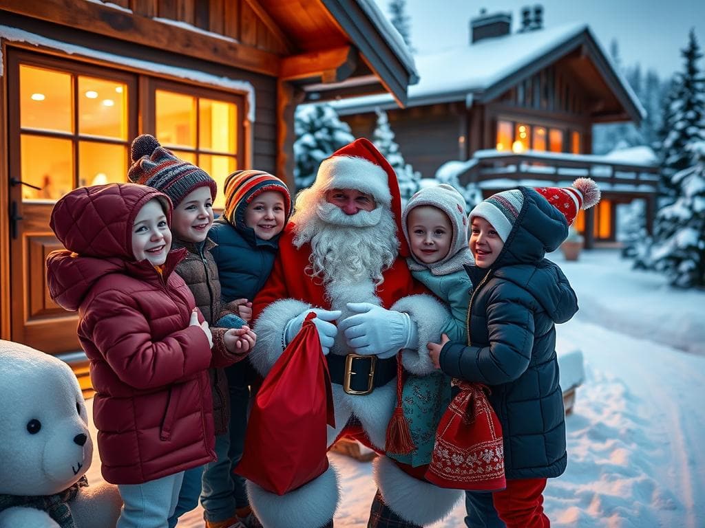 Barn möter tomten utanför en stuga under Jul i Sälen