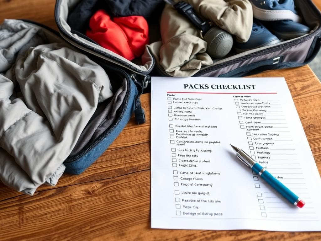 Checklista för packlista vinter Sälen med penna och packning i bakgrunden