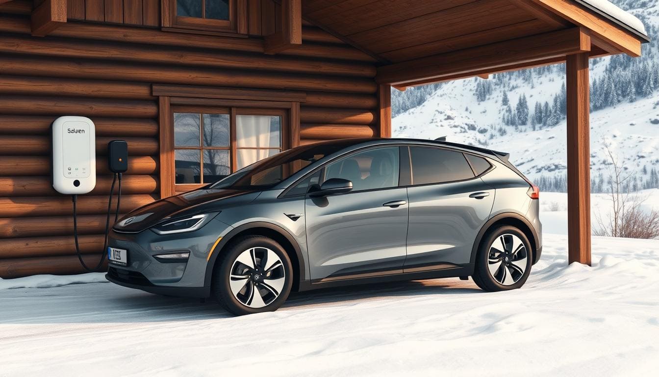Elbil parkerad utanför en stuga i Sälen med snötäckta berg i bakgrunden