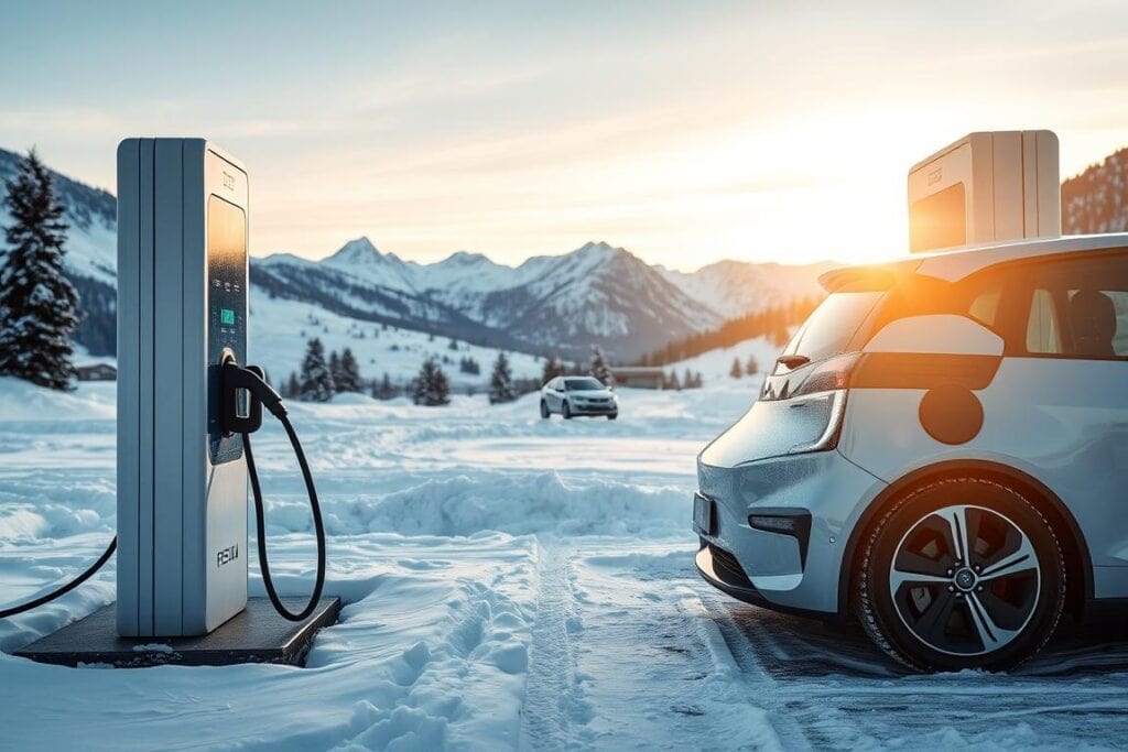 Elbil som laddar vid laddstation på väg till Sälen