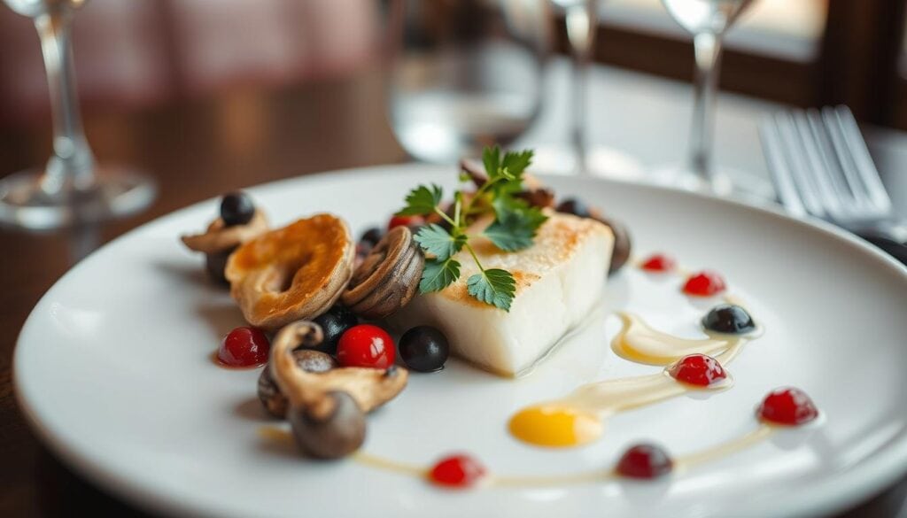 Elegant uppläggning av en restaurangrätt i Sälen med lokala råvaror