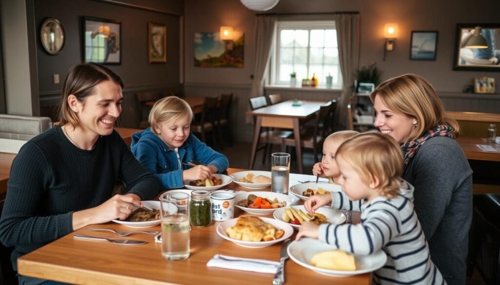 Familj med barn som äter på en familjevänlig restaurang i Sälen