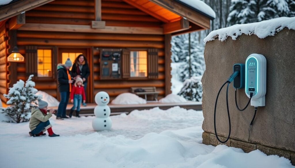 Familj njuter av vinteraktiviteter utanför stuga i Sälen medan elbilen laddas i bakgrunden