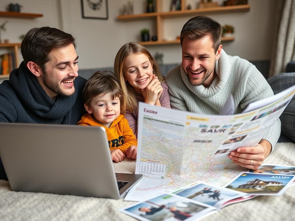 Familj planerar påskresa till Sälen med karta och bokning