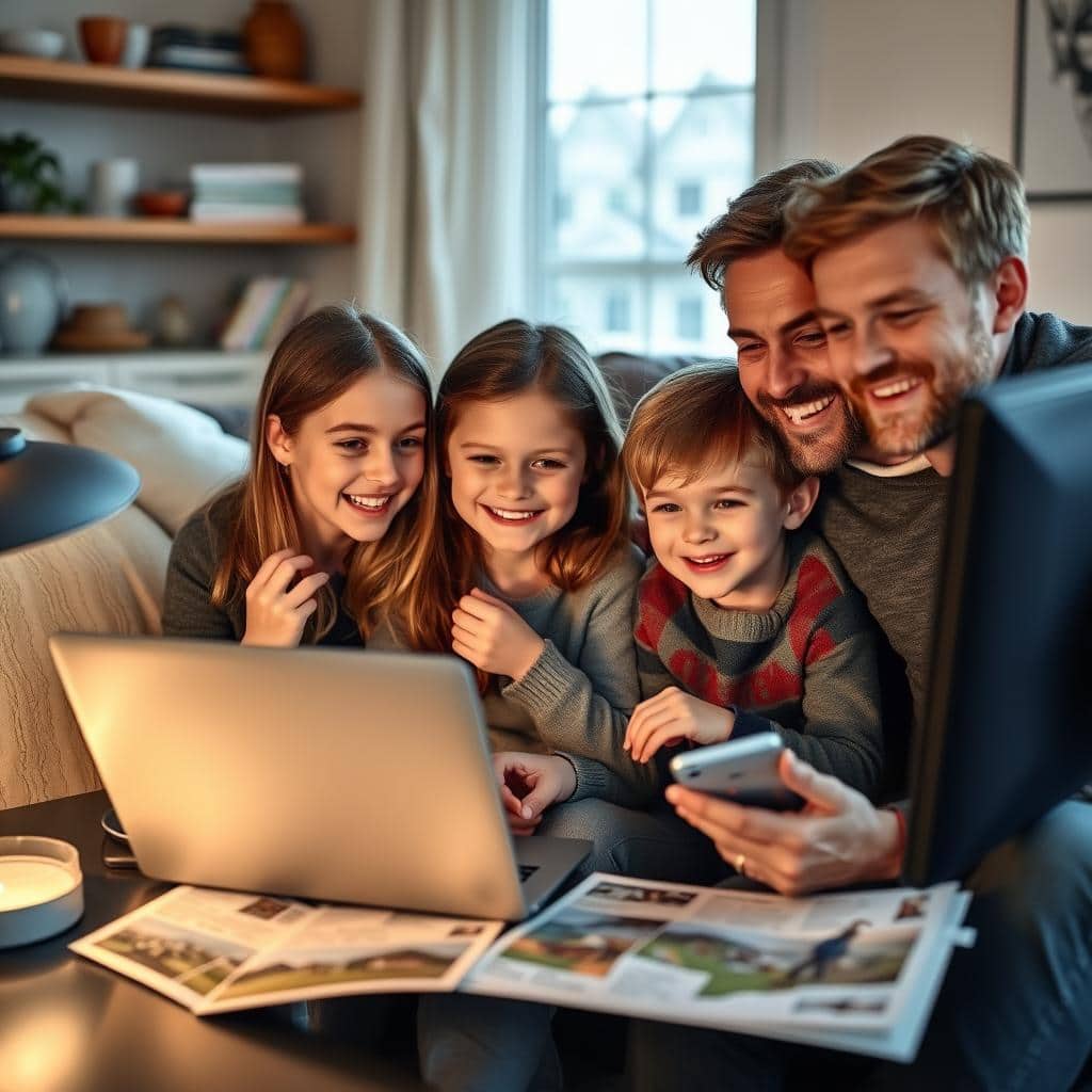 Familj planerar sin fjällresa till Sälen framför datorn