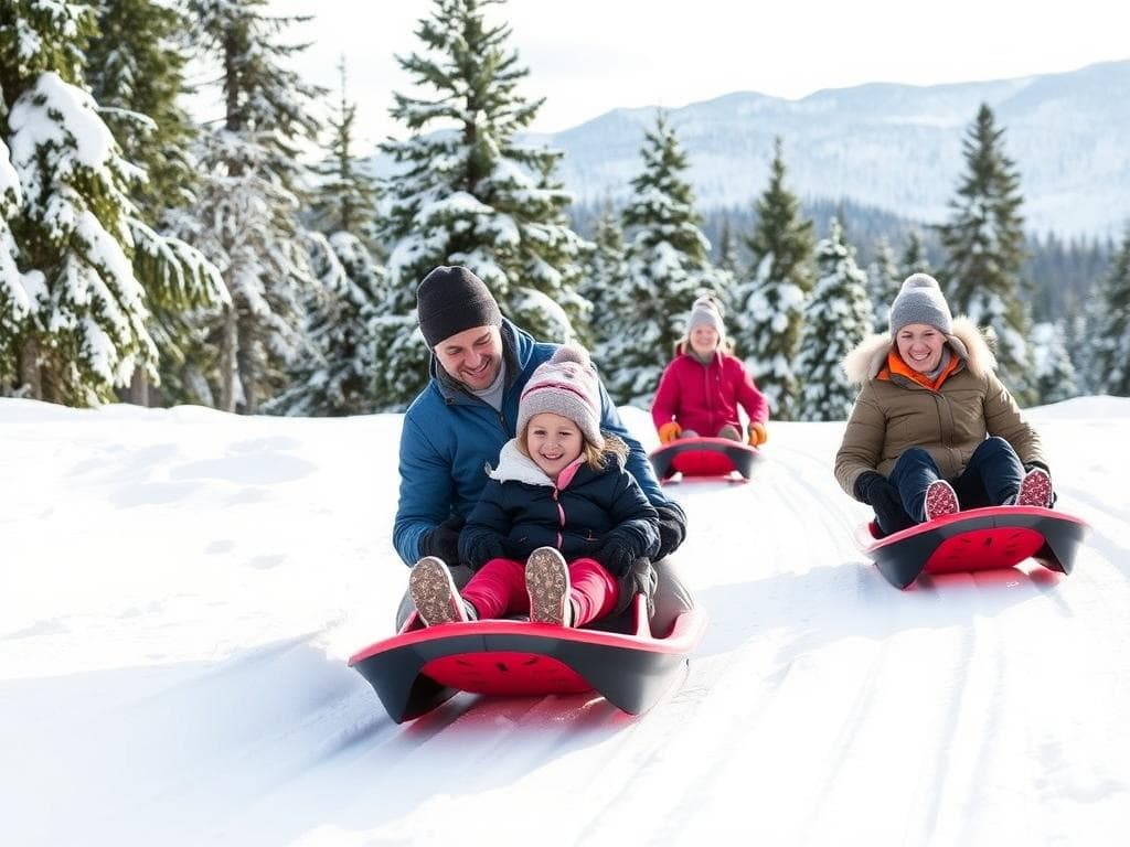 Familj som åker pulka i ett snötäckt område i Sälen