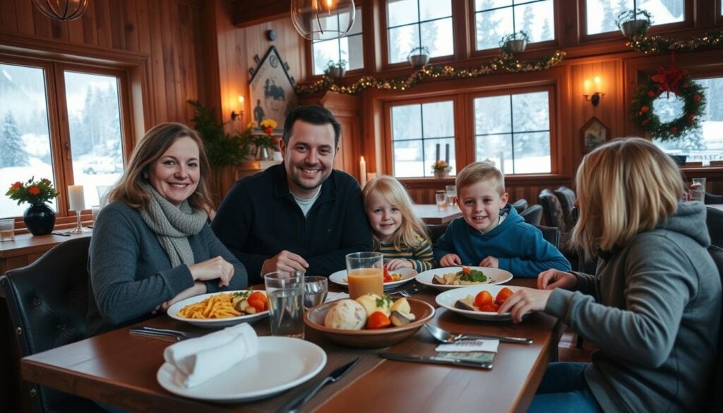 Familj som äter middag på en restaurang i Sälen