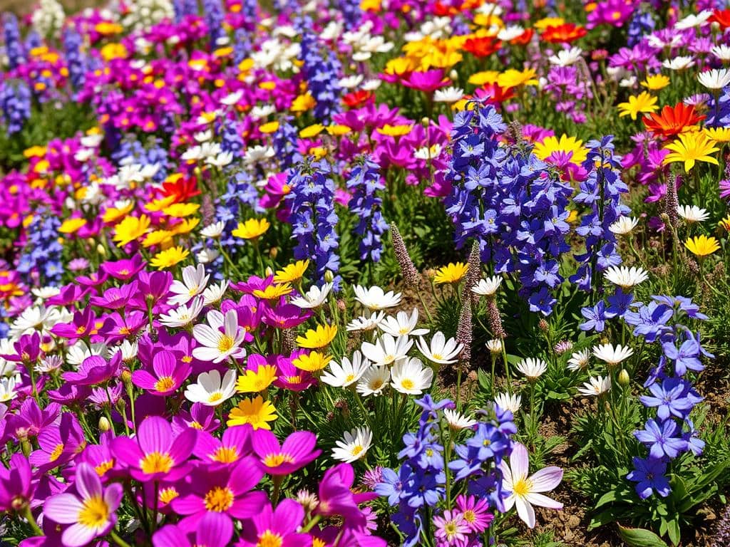 Färgsprakande fjällväxter i full blom under högsommaren i Sälen Botaniska Trädgård