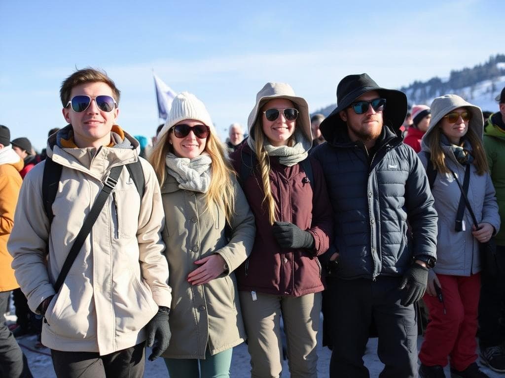 Festivalbesökare i lämpliga kläder för Ski & Rock Sälen i aprilväder