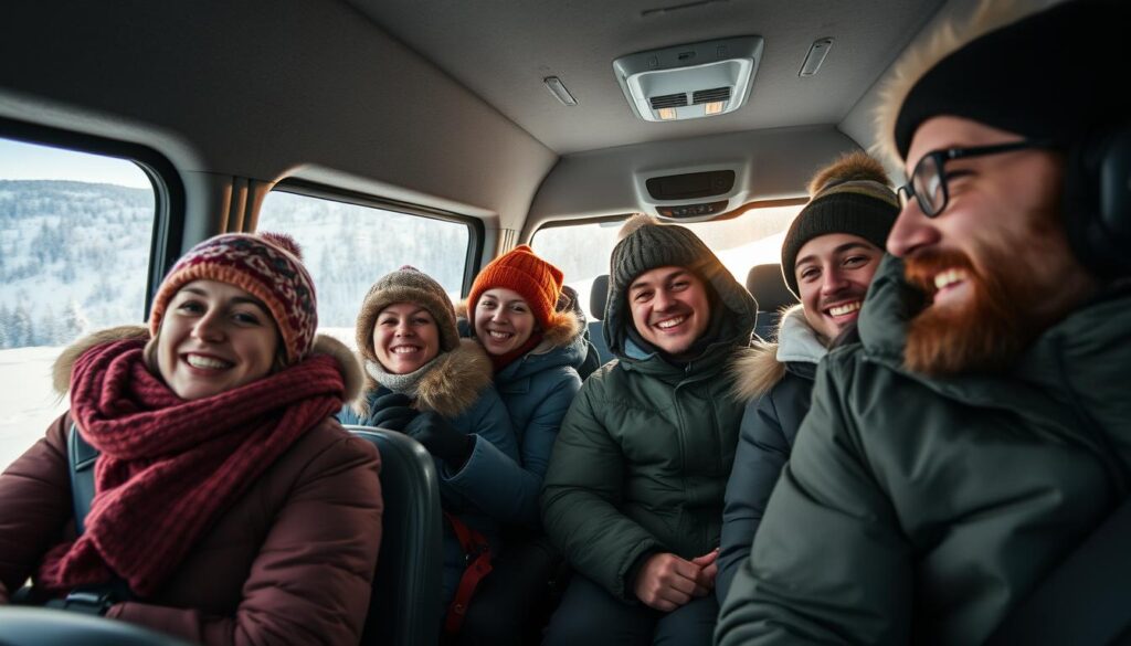 Grupp vänner på väg till Sälen i minibuss