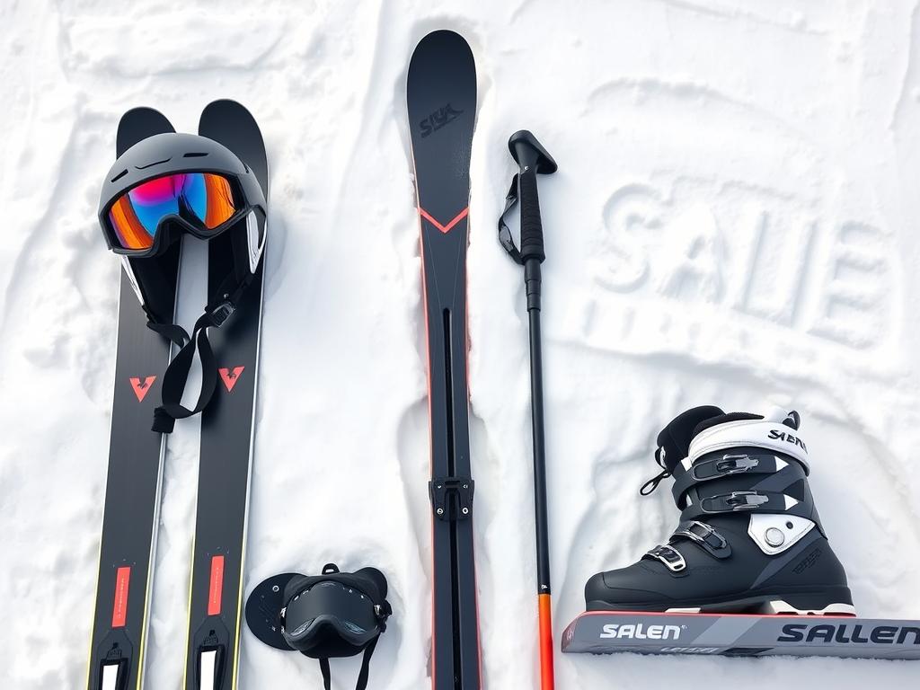 Komplett skidutrustning upplagd på snö i Sälen med skidor, stavar, hjälm och pjäxor