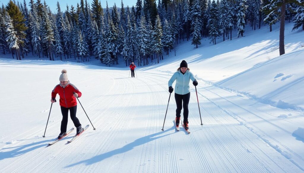 Längdskidåkare i skateåkning på välpreparerade spår i Tandådalen med skogsbakgrund