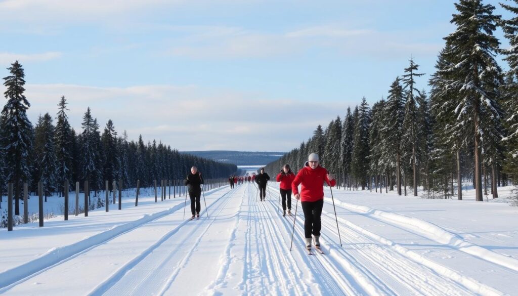 Längdskidåkare på det klassiska Vasaloppsspåret med spår som sträcker sig mot horisonten