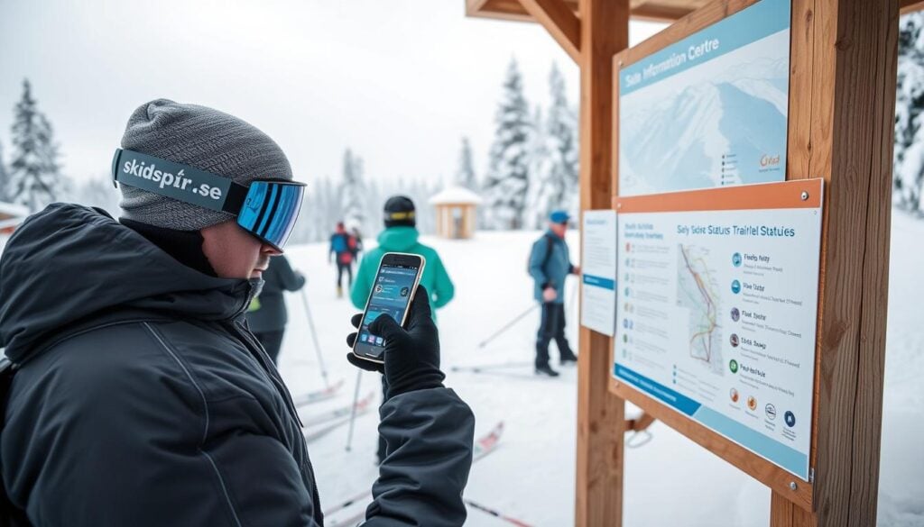 Längdskidåkare som kontrollerar spårstatus på sin mobiltelefon vid spårcentral i Sälen