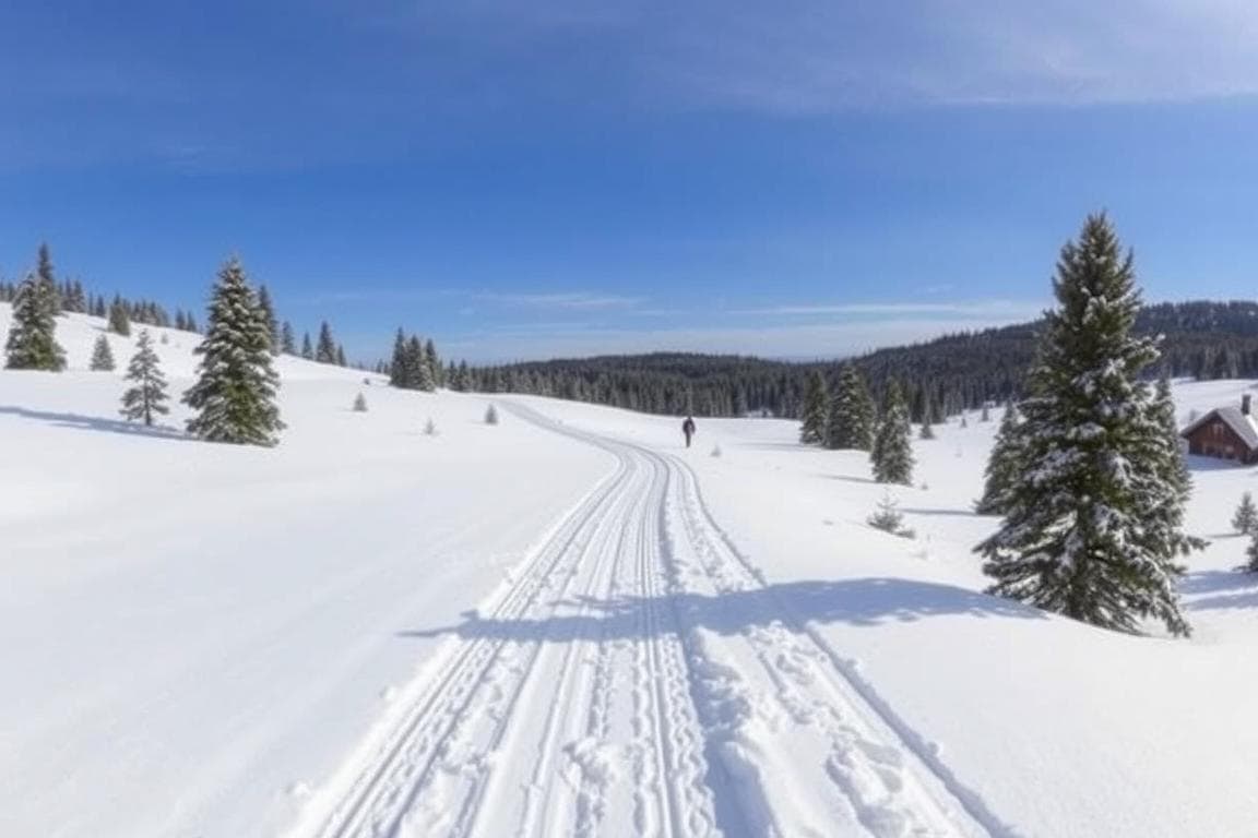 Längdskidspår som leder till Hemfjällsstugan Sälen genom snötäckt fjällandskap