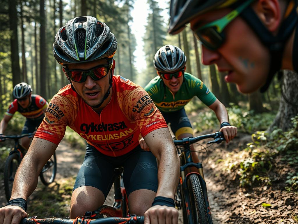 Mountainbikecyklister under Cykelvasan tar sig genom skogslandskap