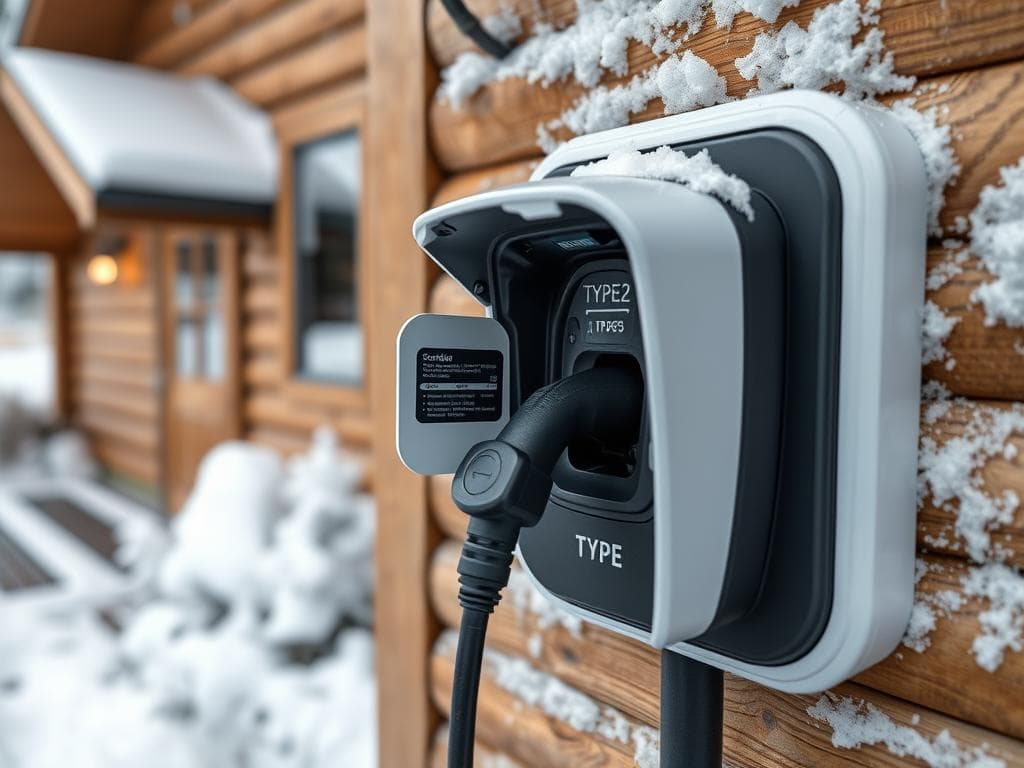 Närbild på elbilsladdare monterad vid stuga i Sälen med tekniska specifikationer synliga