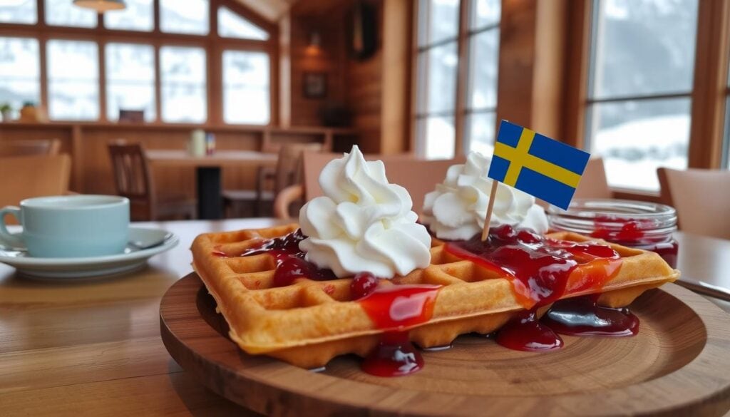 Nygräddade våfflor med sylt och grädde på ett kafé i Sälen