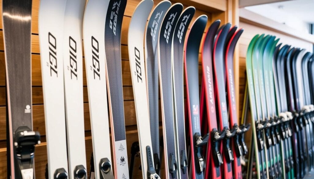 Olika typer av alpina skidor uppställda vid en uthyrningsstation i Sälen