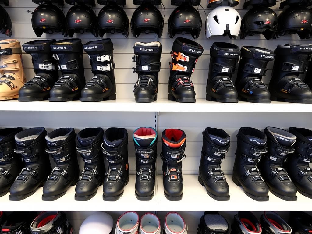 Olika typer av skidpjäxor och hjälmar på display vid uthyrning i Sälen