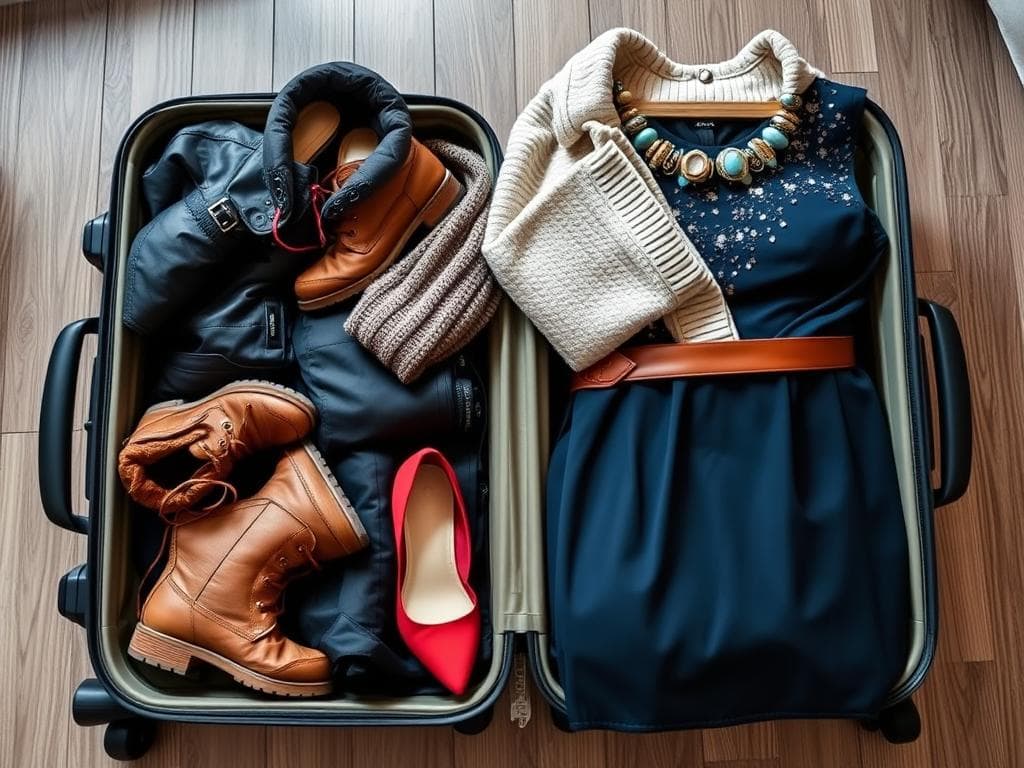 Packad väska för romantisk weekend i Sälen med både outdoor-kläder och finkläder