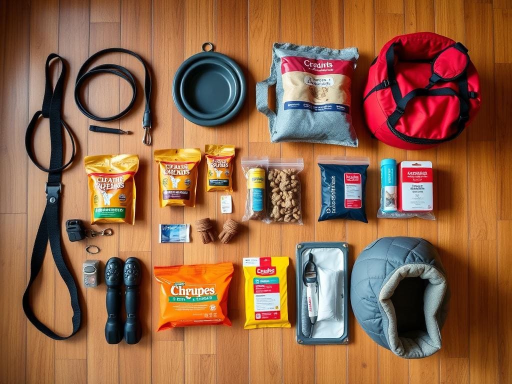 Packning för hund inför fjällresa till Sälen med utrustning utlagd