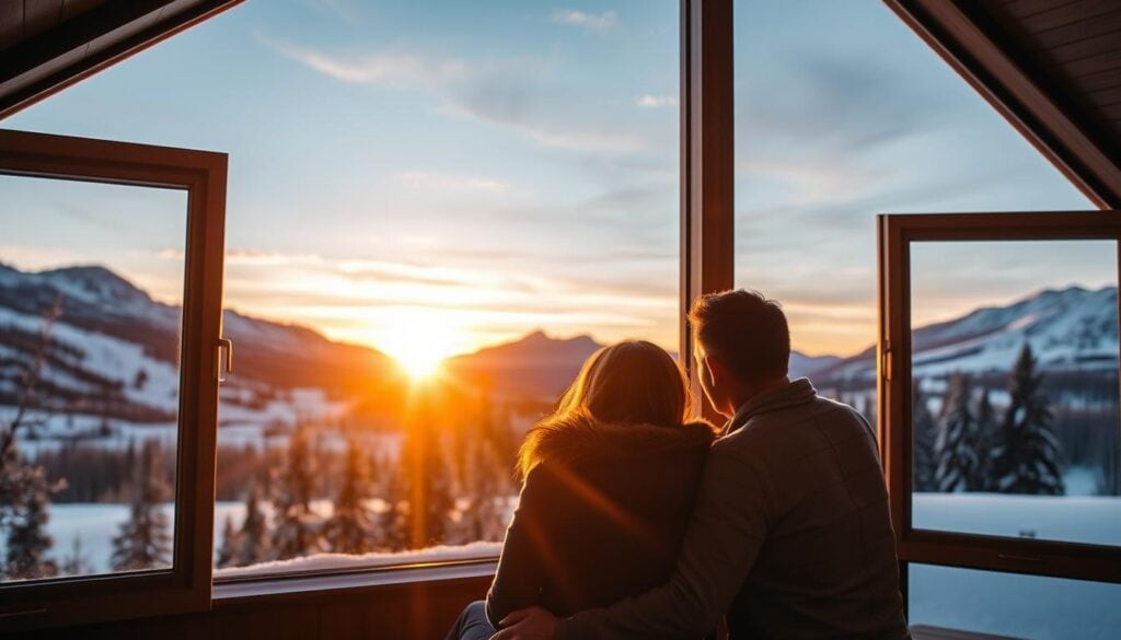 Par njuter av solnedgång över Sälenfjällen från en lyxig stuga med panoramafönster