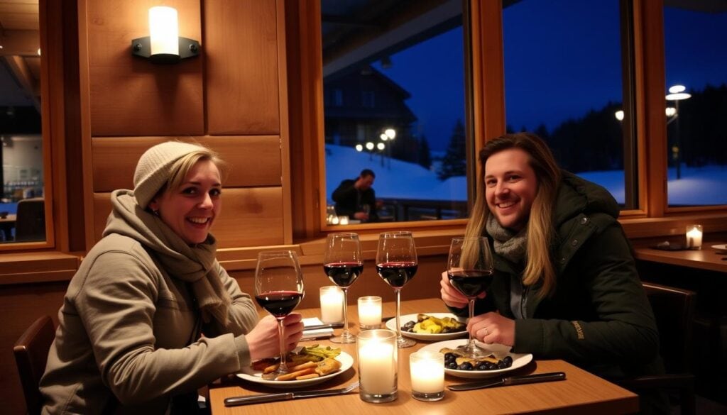 Par som äter middag på restaurang i Sälen efter en dag i skidbacken