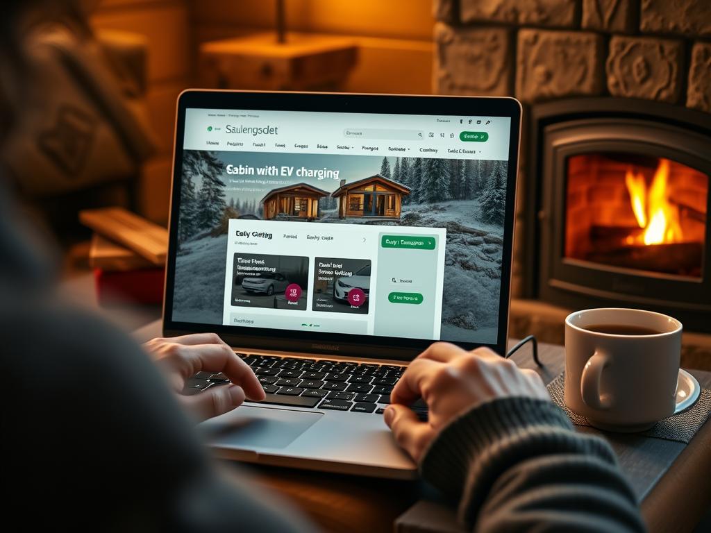 Person bokar stuga med elbilsladdning i Sälen på dator, visar bokningsprocessen