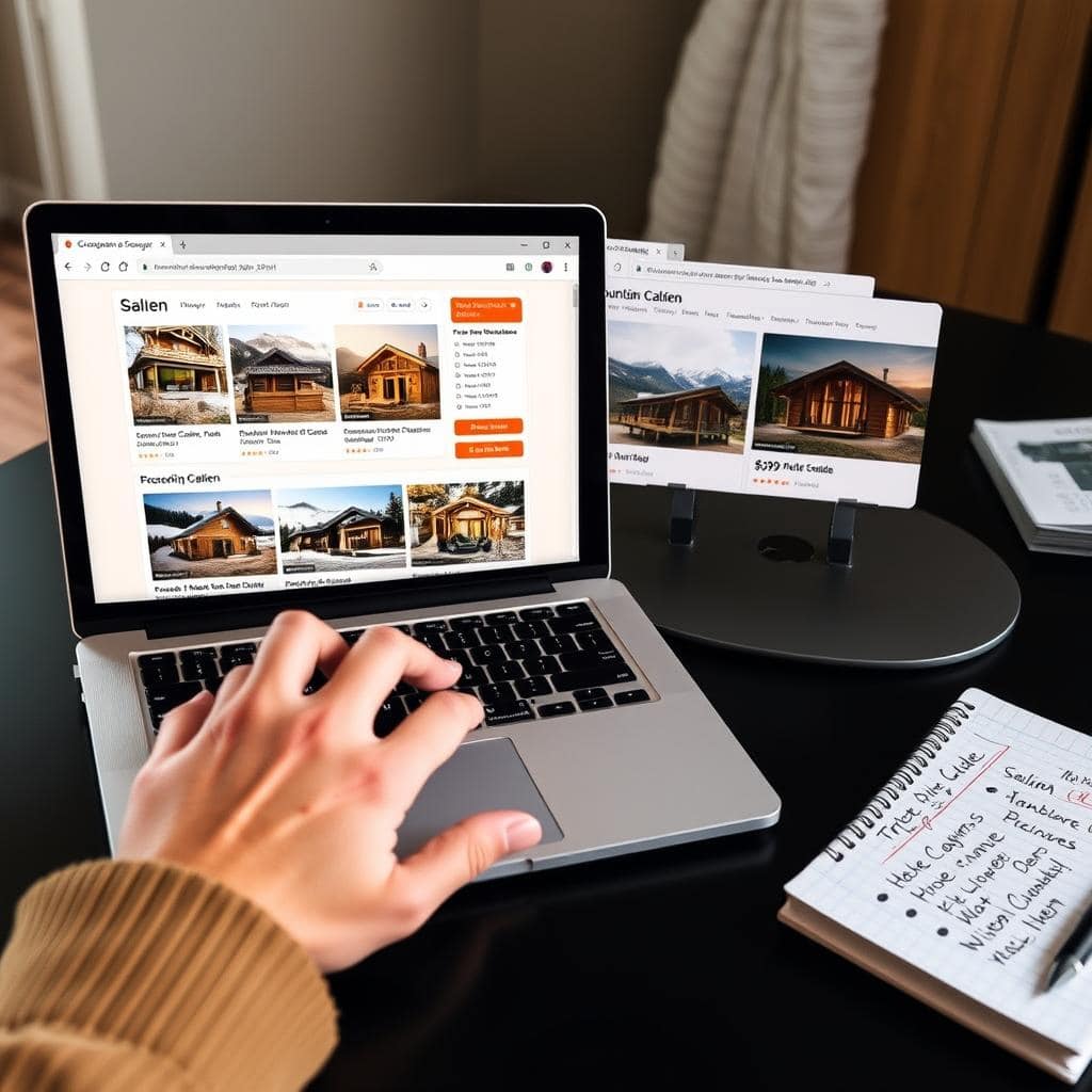 Person jämför olika fjällstugor i Sälen på datorn