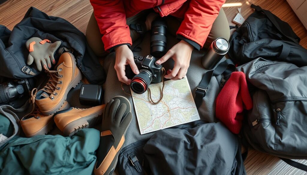 Person som packar för höstresa till Sälen med vandringsutrustning och kamera