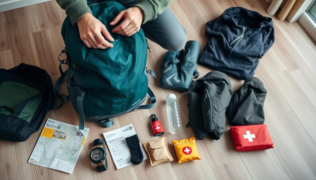 Person som packar ryggsäck för vandring i Sälen med utrustning utlagd