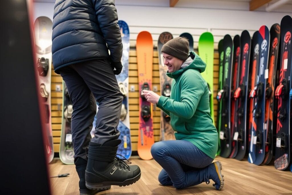 Person som provar snowboardutrustning vid uthyrning i Sälen