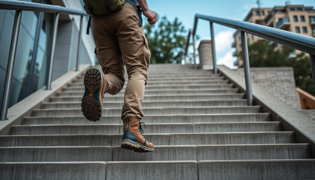 Person som tränar med ryggsäck i trappa som förberedelse för fjällvandring