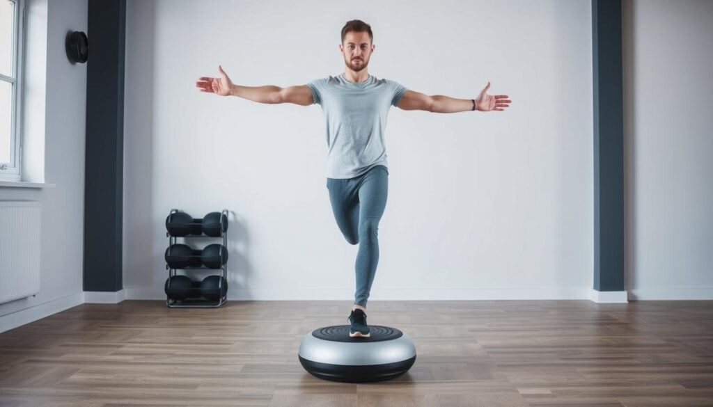 Person som utför balansövningar på instabilt underlag som träning för fjällen