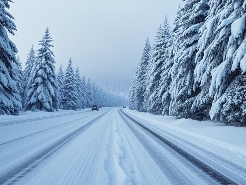 Snöplogad väg på väg mot Sälen i vinterlandskap